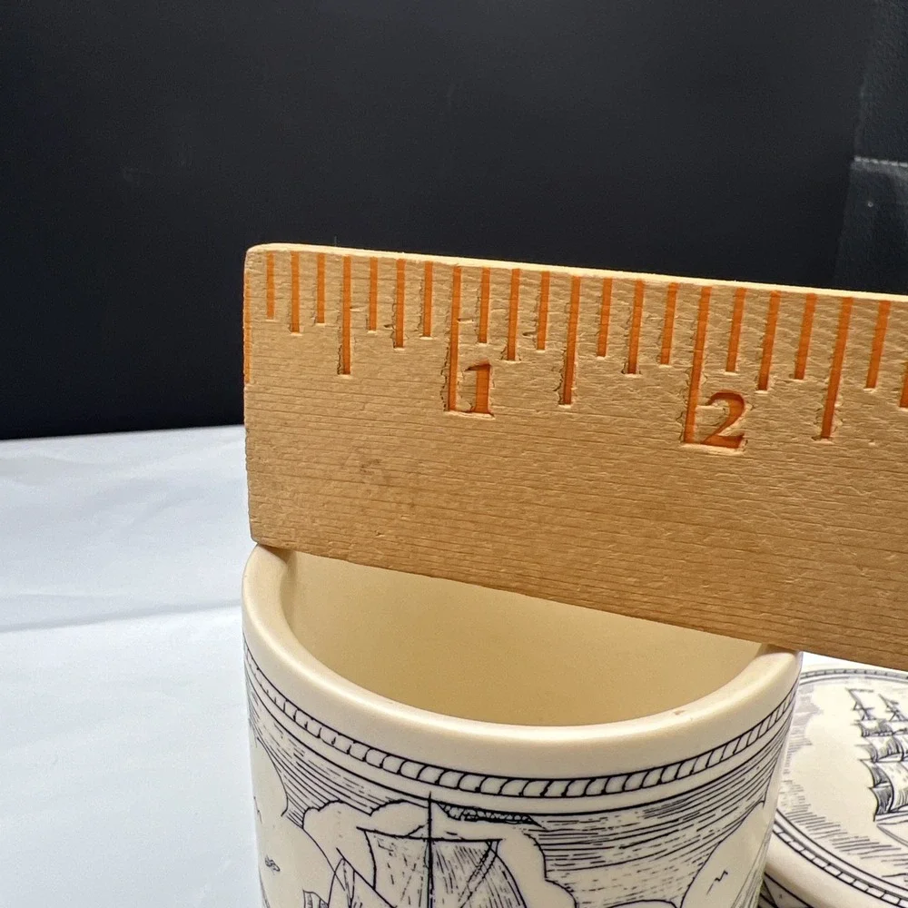 Vtg Comoy's of London Round Faux Scrimshaw Trinket Box Nautical Sailing Ship Lid